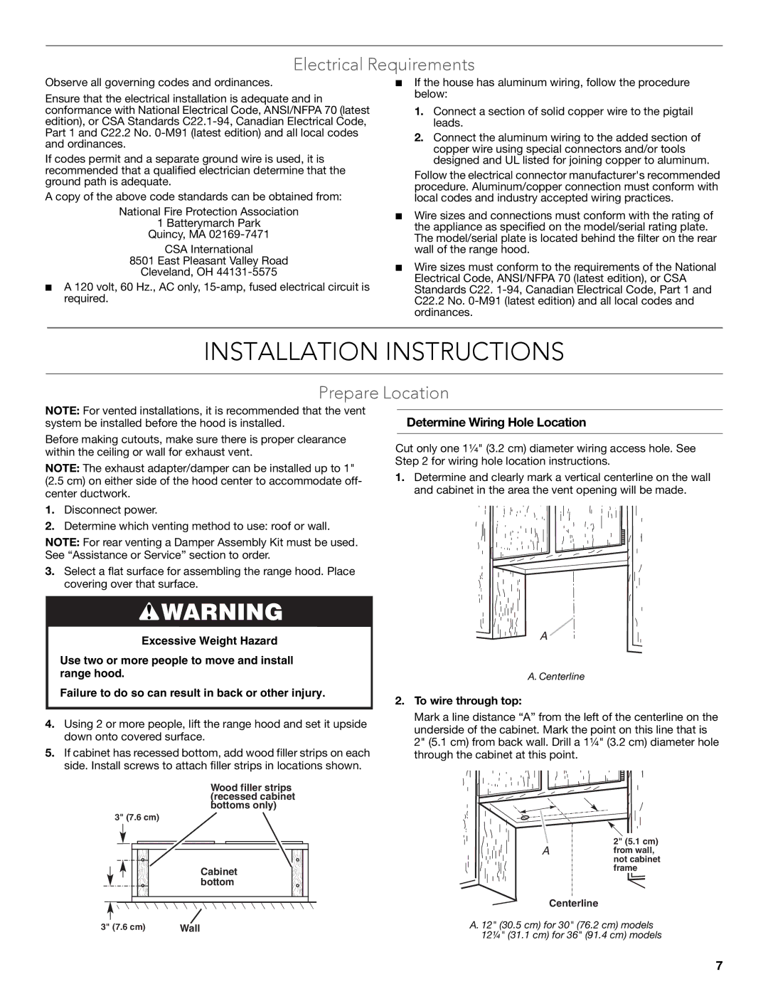 KitchenAid LI32NA/W10674120B Installation Instructions, Electrical Requirements, Prepare Location, To wire through top 