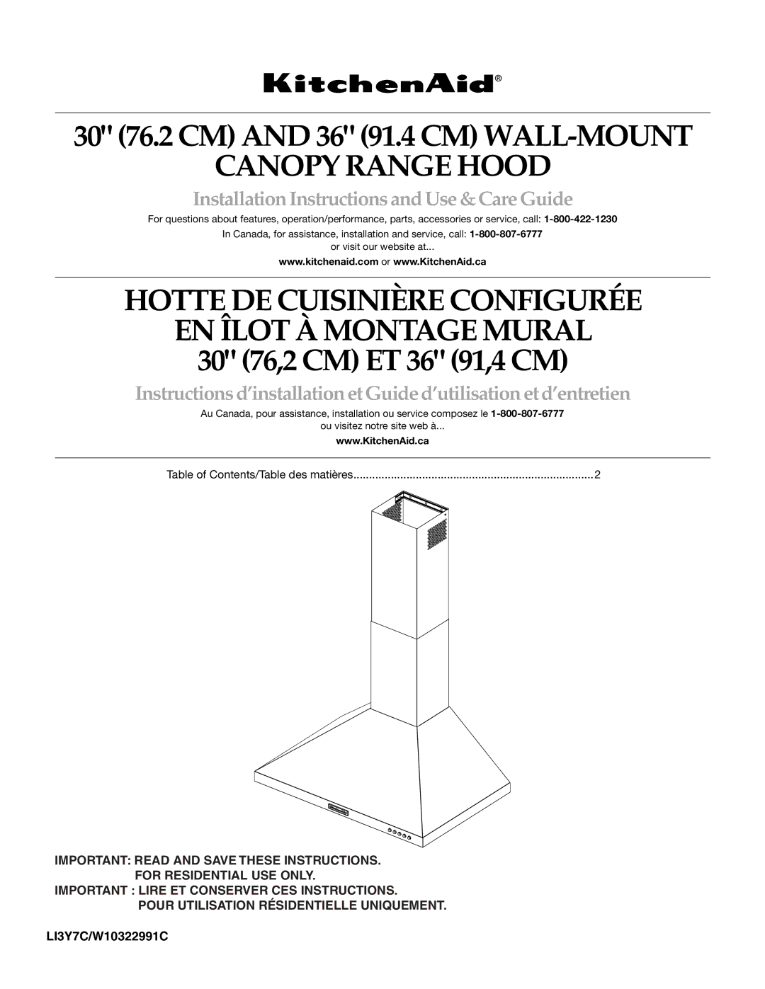 KitchenAid LI3Y7C/W10322991C installation instructions Canopy Range Hood 