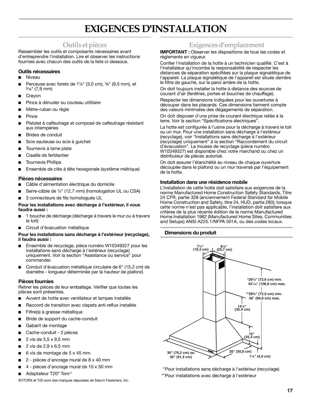 KitchenAid LI3Y7C/W10322991C installation instructions Exigences Dinstallation, Outils et pièces, Exigences d’emplacement 