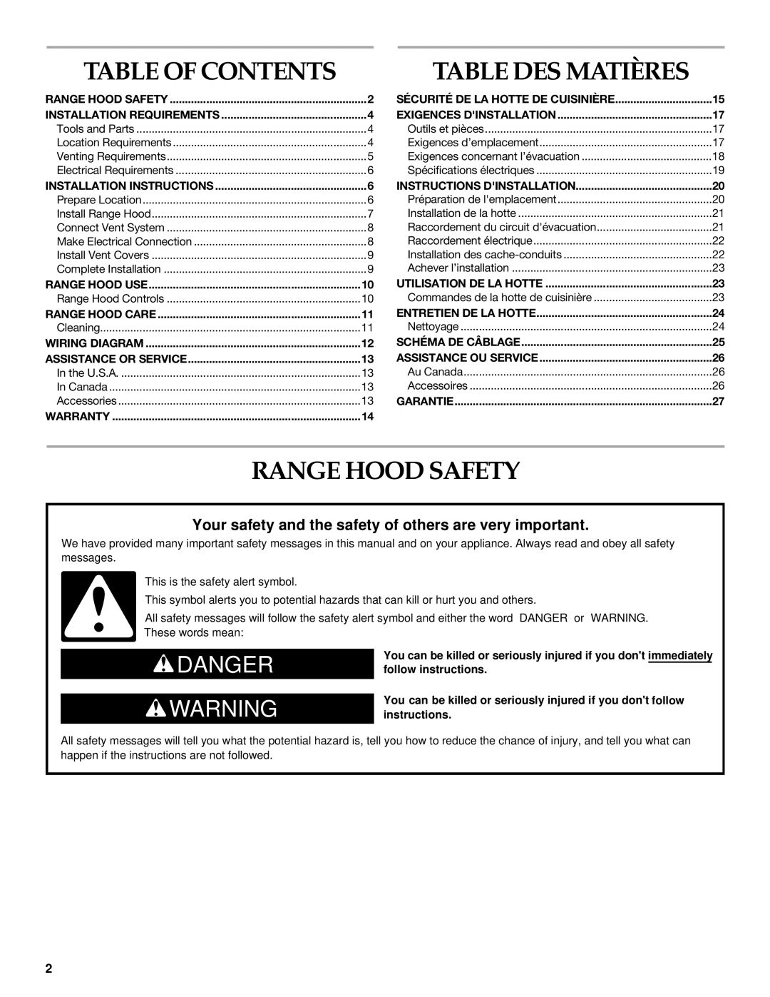 KitchenAid LI3Y7C/W10322991C installation instructions Table DES Matières, Range Hood Safety 