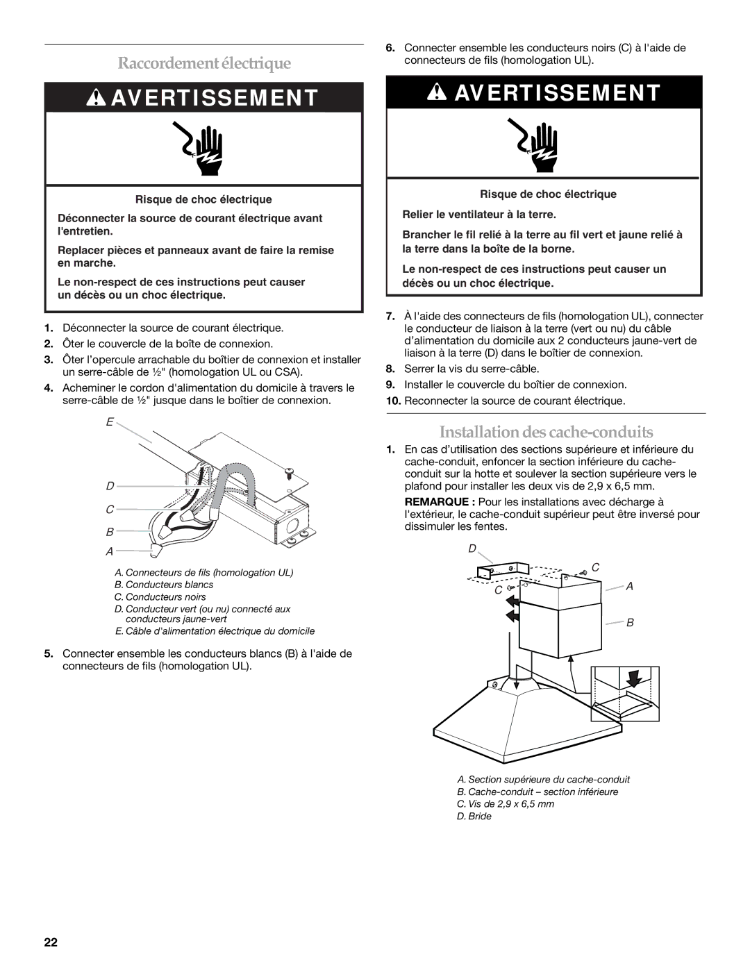 KitchenAid LI3Y7C/W10322991C installation instructions Raccordement électrique, Installation des cache-conduits 