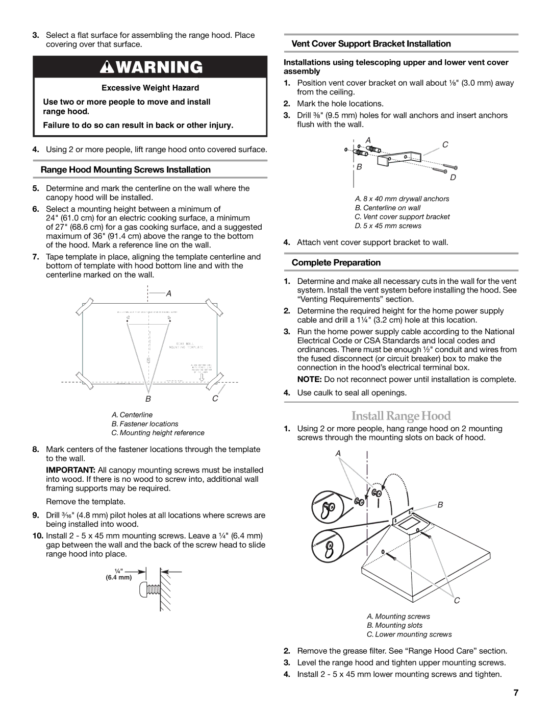 KitchenAid LI3Y7C/W10322991C Install Range Hood, Range Hood Mounting Screws Installation, Complete Preparation 