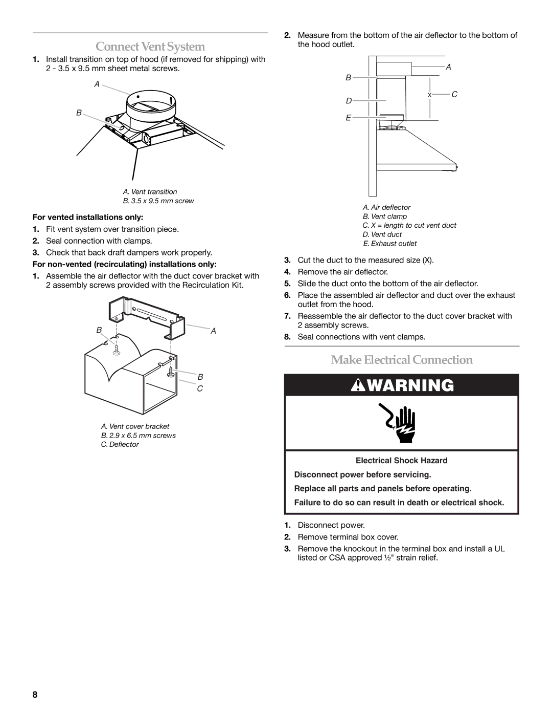 KitchenAid LI3Y7C/W10322991C Connect Vent System, Make Electrical Connection, For vented installations only 