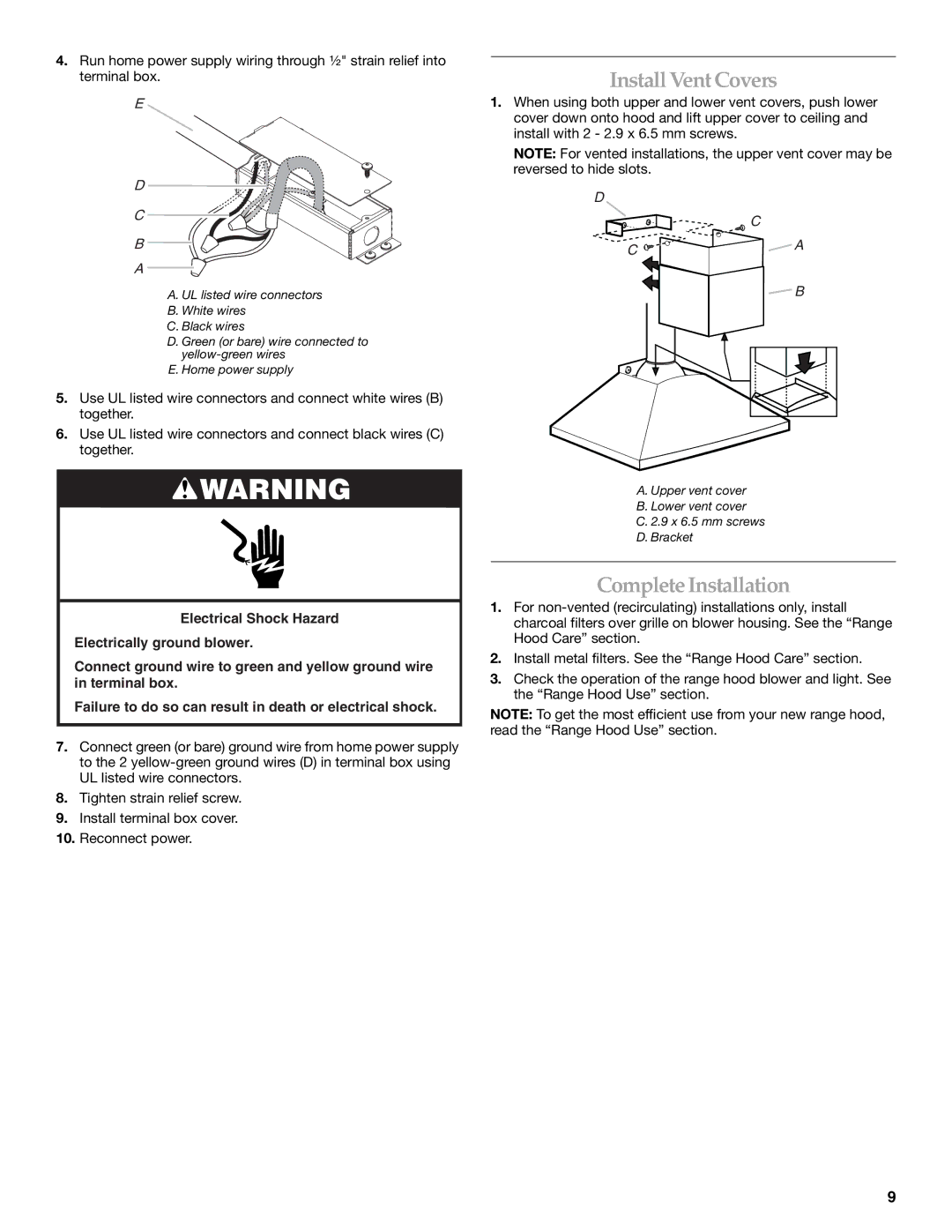 KitchenAid LI3Y7C/W10322991C installation instructions Install Vent Covers, Complete Installation 