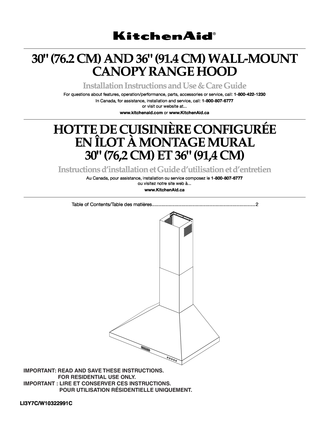 KitchenAid LI3Y7C/W10322991C installation instructions 30 76.2 CM AND 36 91.4 CM WALL-MOUNT CANOPY RANGE HOOD 
