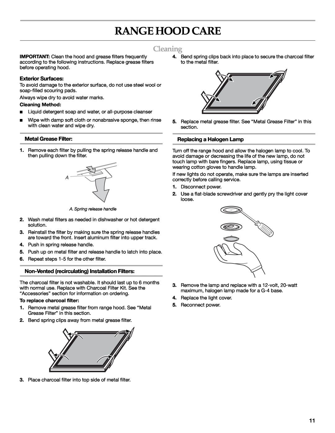 KitchenAid LI3Y7C/W10322991C Range Hood Care, Cleaning, Exterior Surfaces, Metal Grease Filter, Replacing a Halogen Lamp 