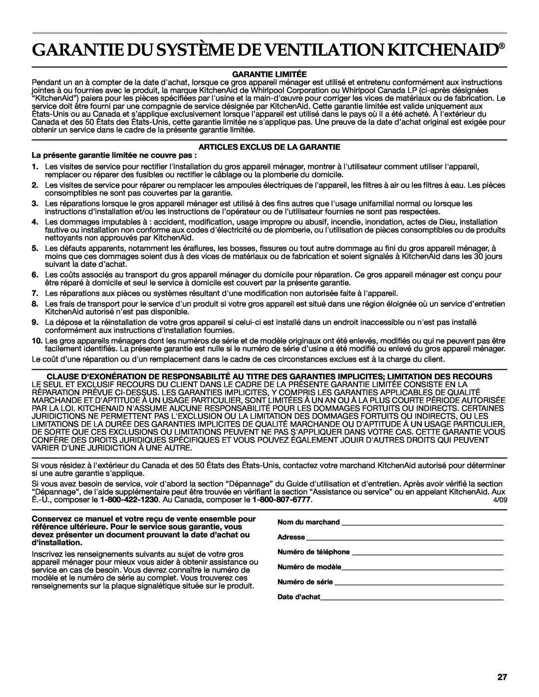 KitchenAid LI3Y7C/W10322991C installation instructions Garantie Du Système De Ventilation Kitchenaid, Garantie Limitée 