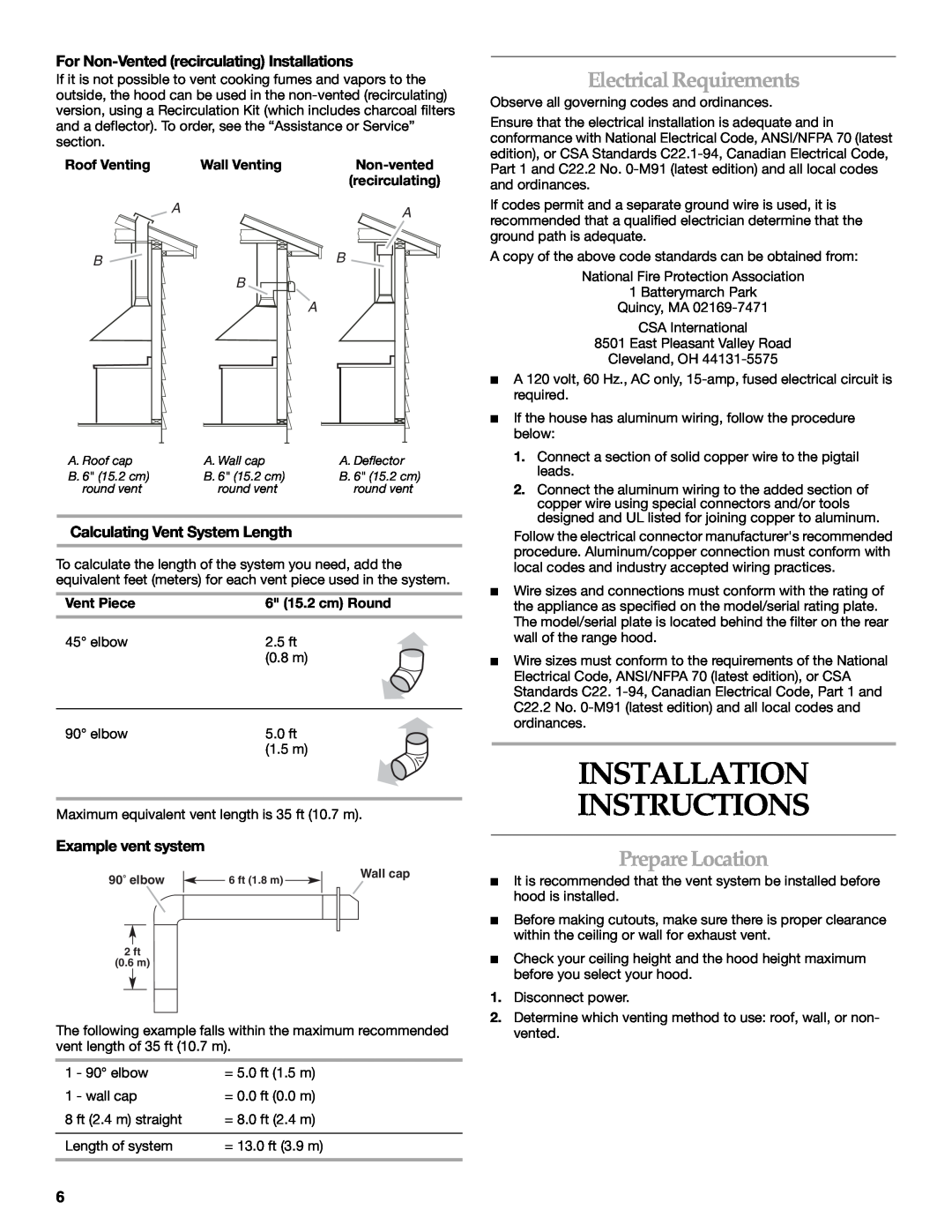 KitchenAid LI3Y7C/W10322991C Installation Instructions, Electrical Requirements, Prepare Location, Example vent system 
