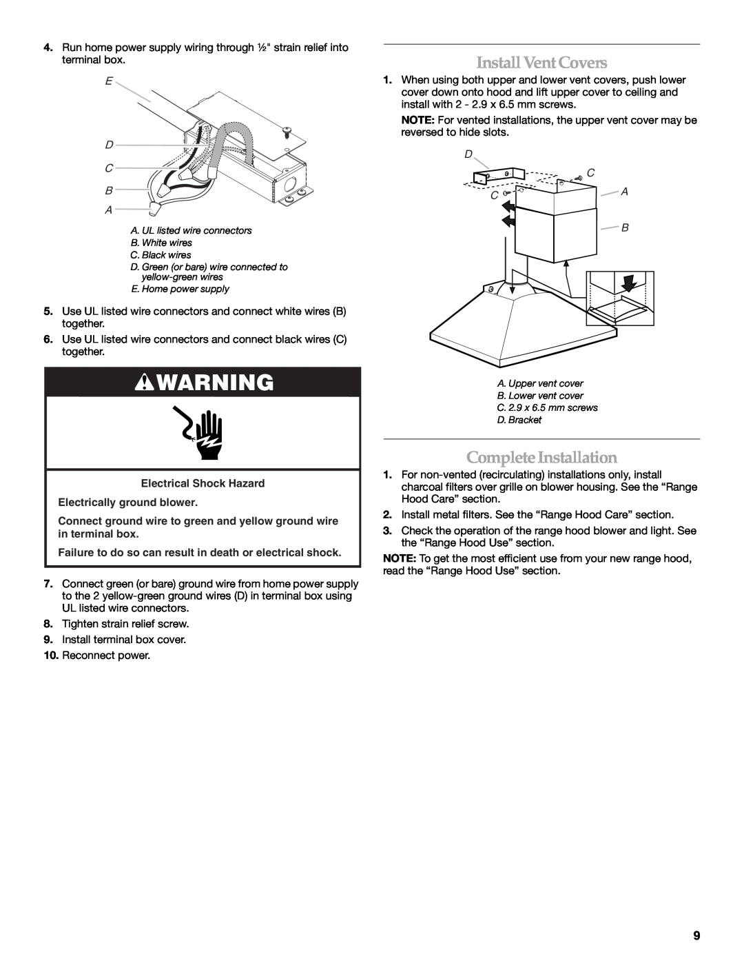 KitchenAid LI3Y7C/W10322991C installation instructions Install Vent Covers, Complete Installation, E D C B A, D C C A B 
