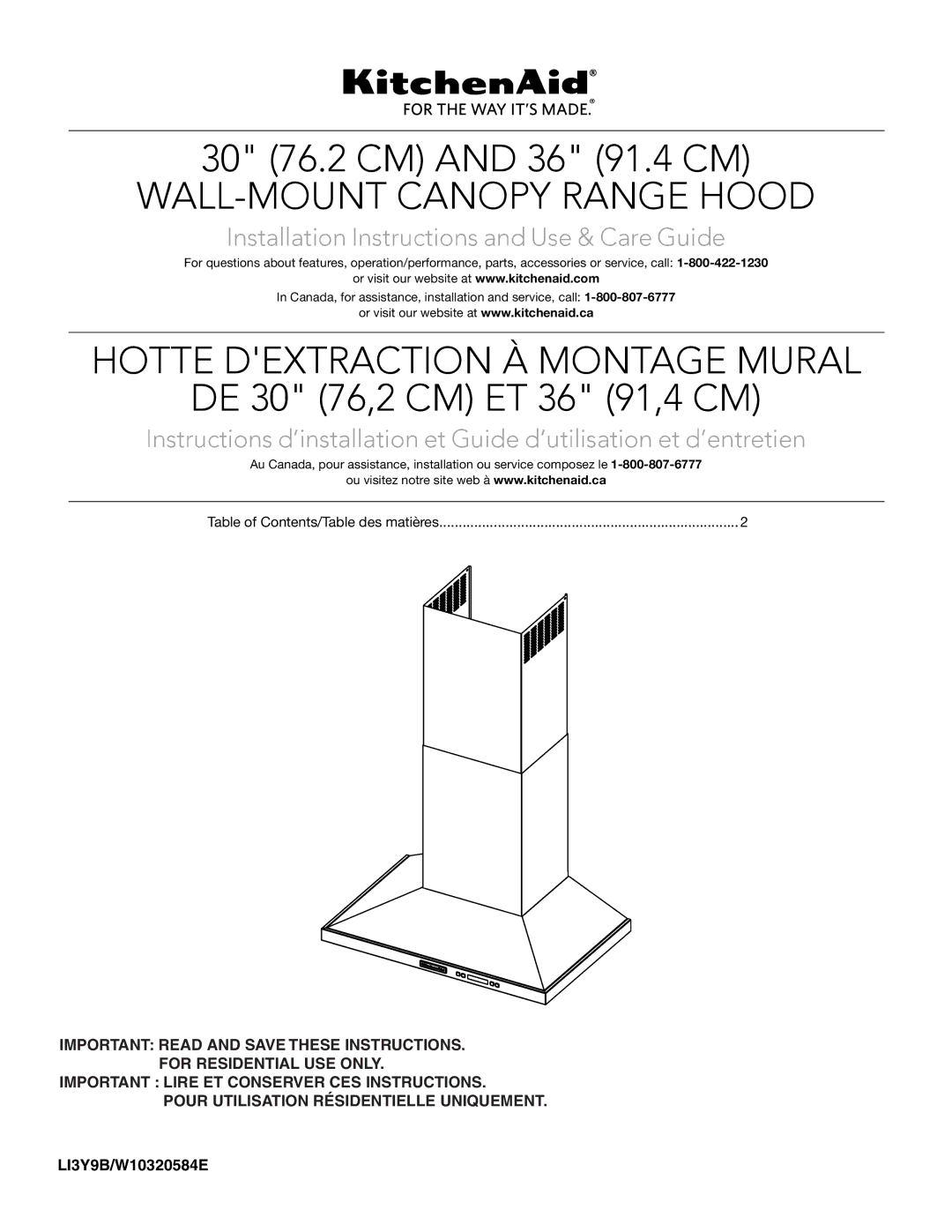 KitchenAid LI3Y9B/W10320584E installation instructions WALL-MOUNT Canopy Range Hood 