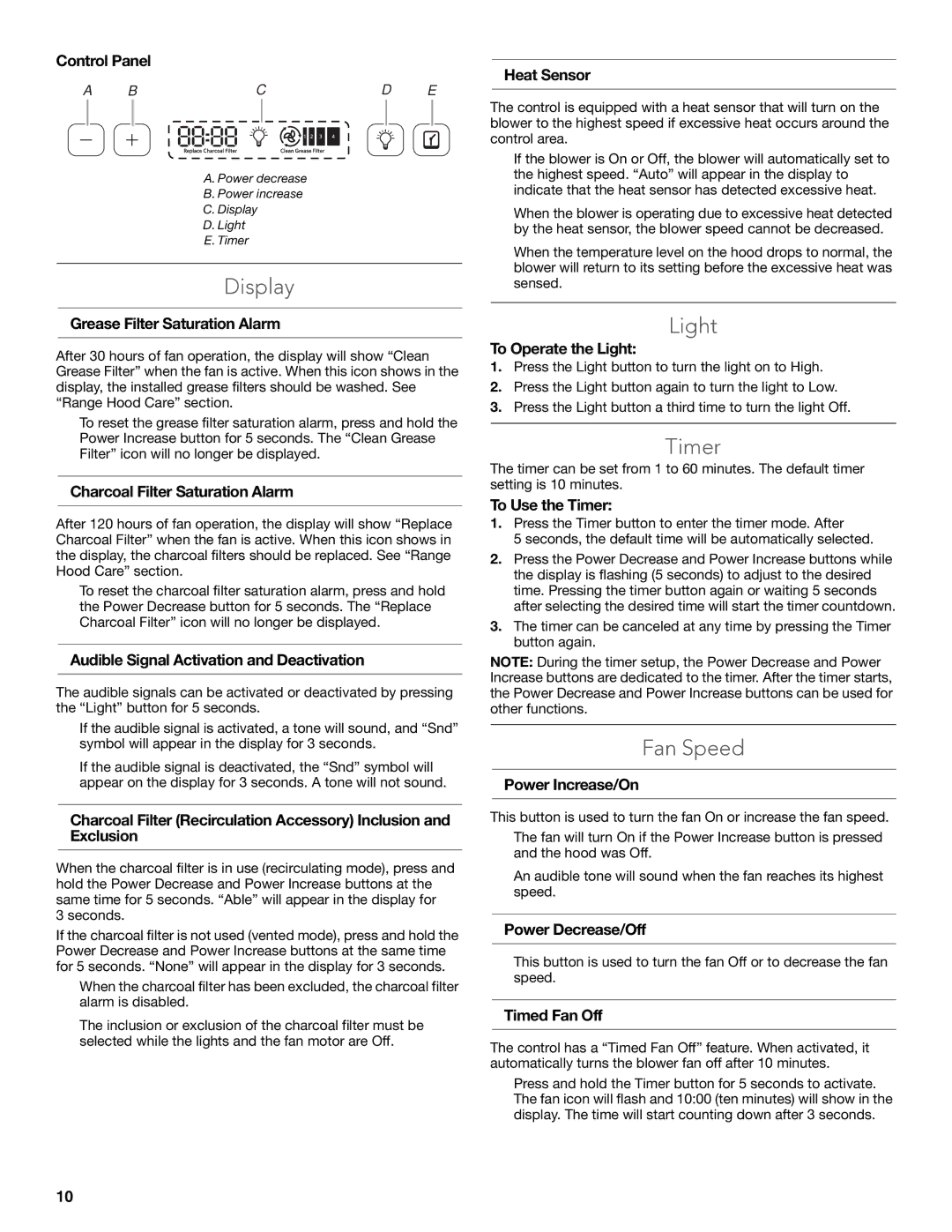 KitchenAid LI3Y9B/W10320584E installation instructions Display, Light, Timer, Fan Speed 