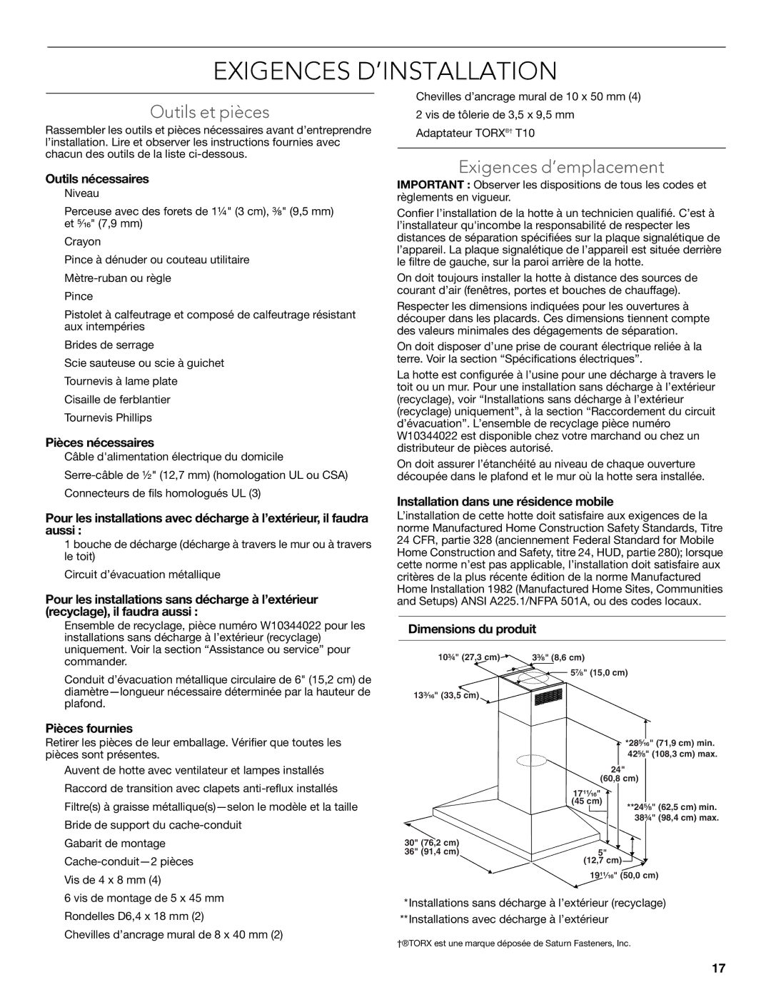 KitchenAid LI3Y9B/W10320584E installation instructions Exigences D’INSTALLATION, Outils et pièces, Exigences d’emplacement 