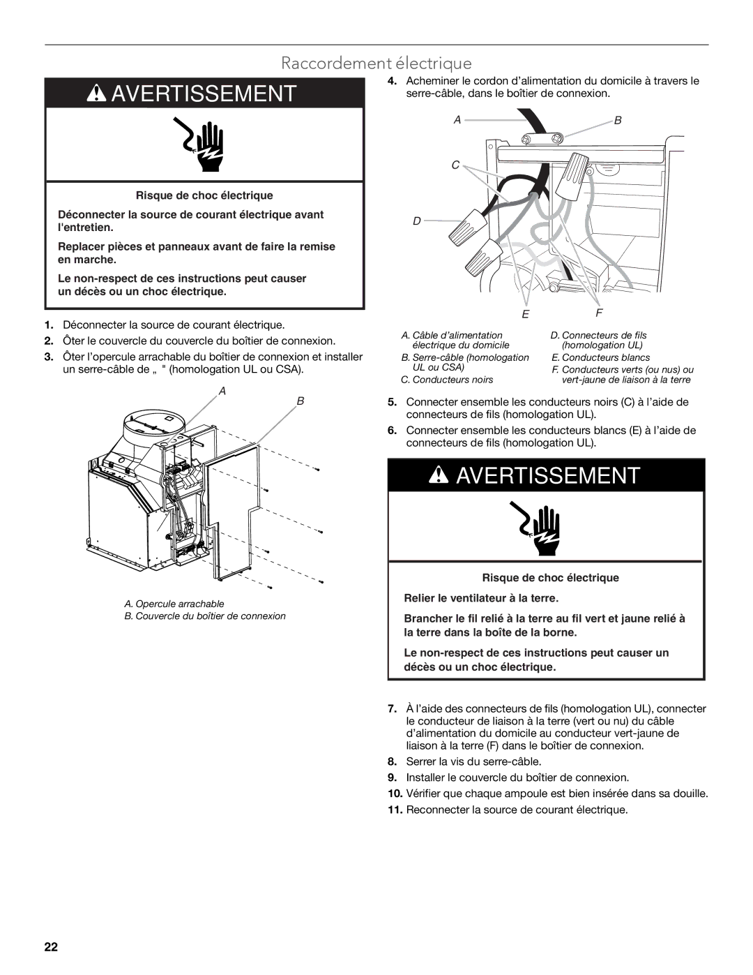 KitchenAid LI3Y9B/W10320584E installation instructions Raccordement électrique 