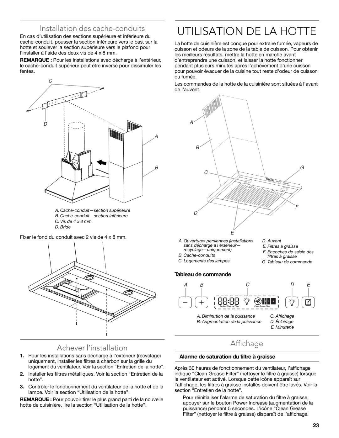 KitchenAid LI3Y9B/W10320584E Utilisation DE LA Hotte, Installation des cache-conduits, Achever l’installation, Affichage 