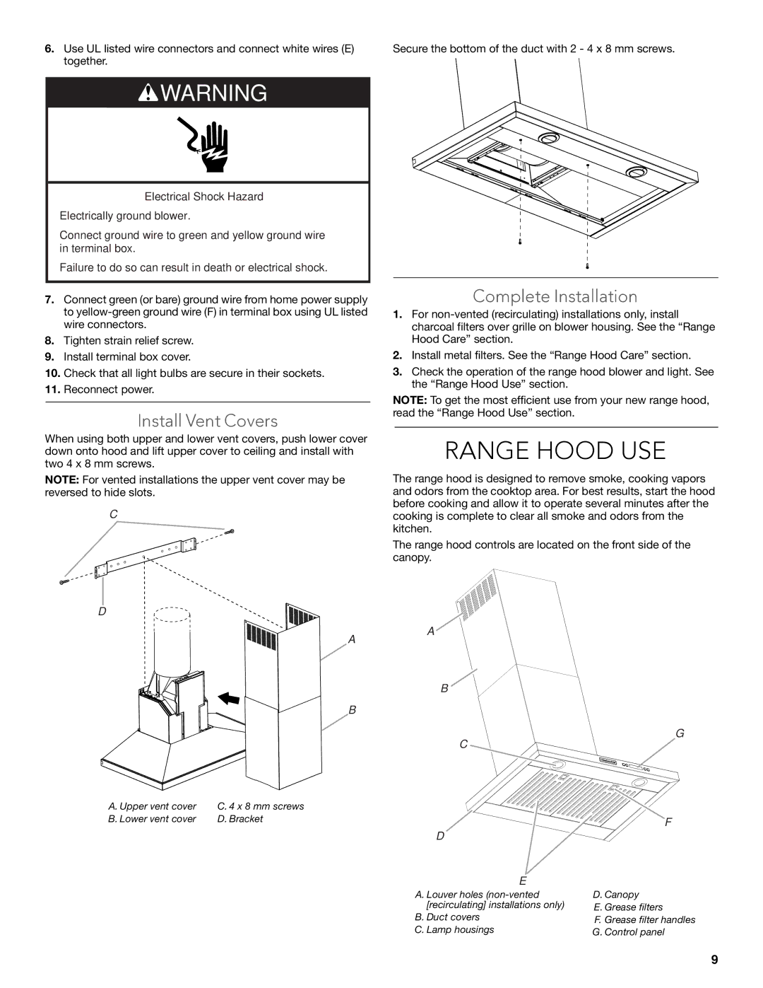 KitchenAid LI3Y9B/W10320584E installation instructions Range Hood USE, Install Vent Covers, Complete Installation 