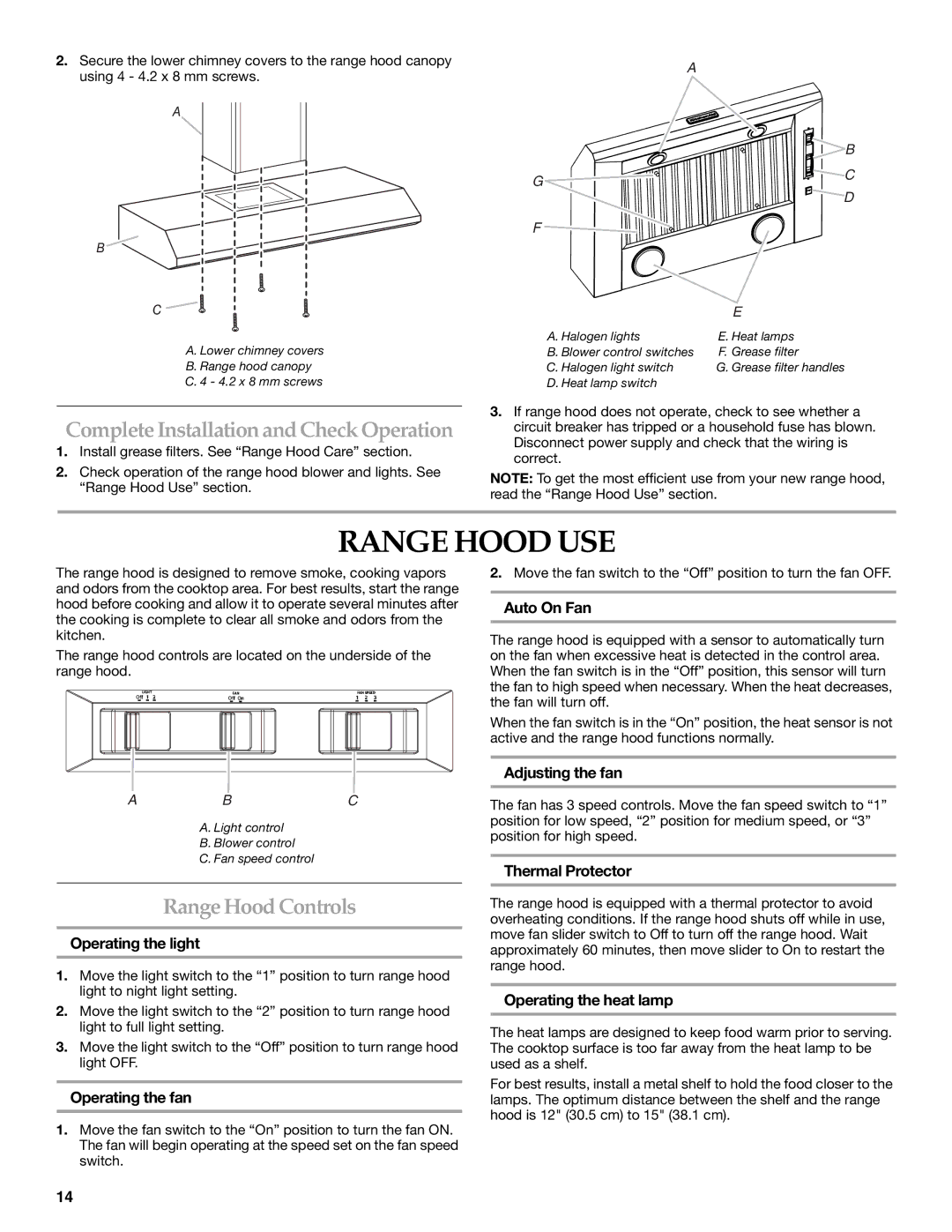 KitchenAid LI3ZBC/W10331009C Range Hood USE, Complete Installation and Check Operation, Range Hood Controls 