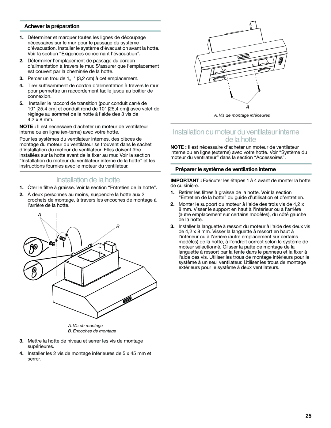 KitchenAid LI3ZBC/W10331009C Installation de la hotte, Installation du moteur du ventilateur interne De la hotte 