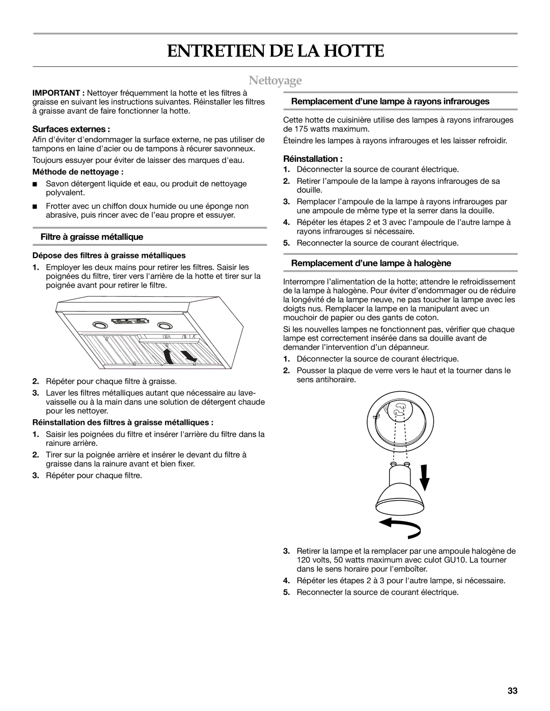 KitchenAid LI3ZBC/W10331009C installation instructions Entretien DE LA Hotte, Nettoyage 