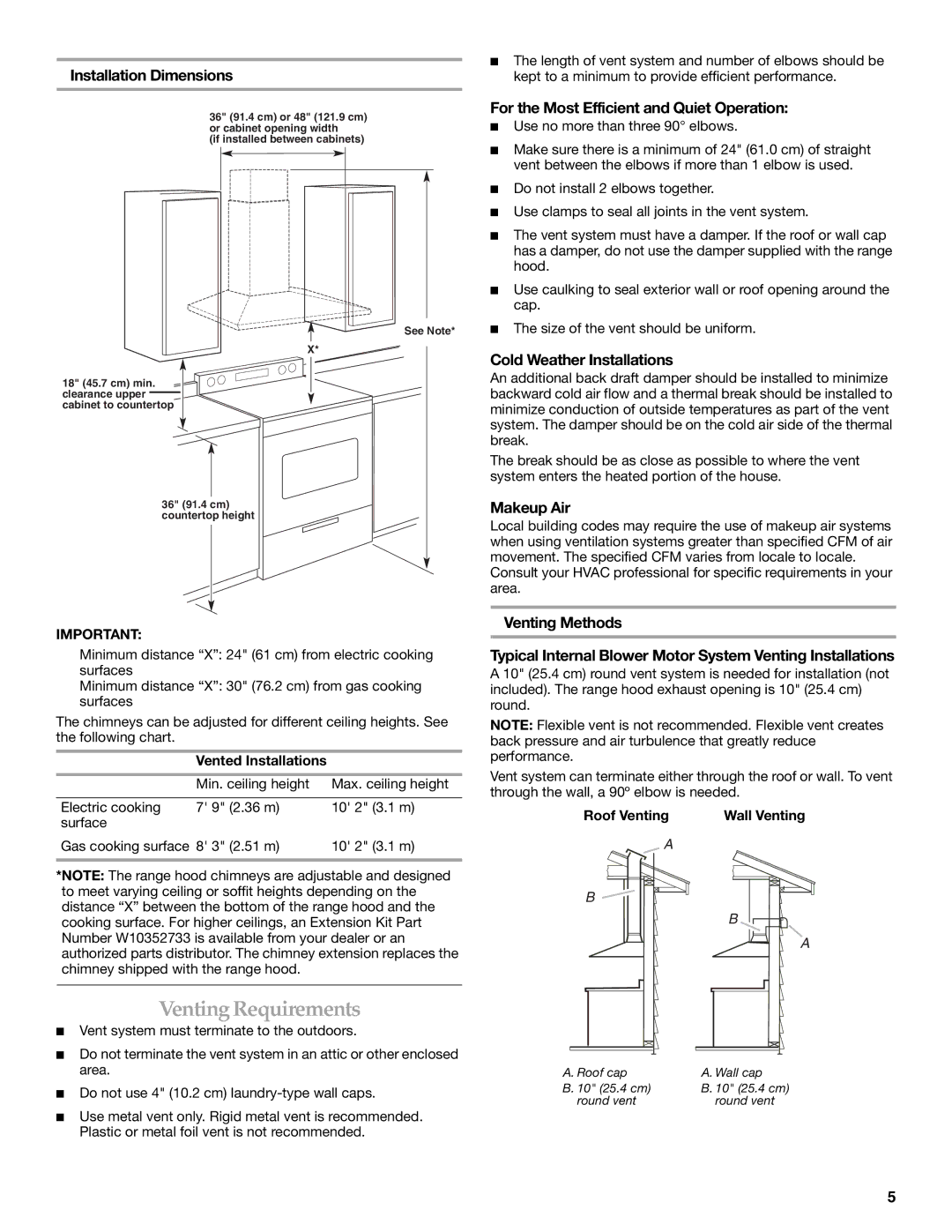 KitchenAid LI3ZBC/W10331009C Venting Requirements, Installation Dimensions, For the Most Efficient and Quiet Operation 