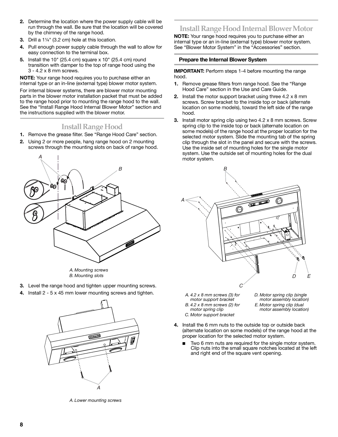 KitchenAid LI3ZBC/W10331009C Install Range Hood Internal Blower Motor, Prepare the Internal Blower System 