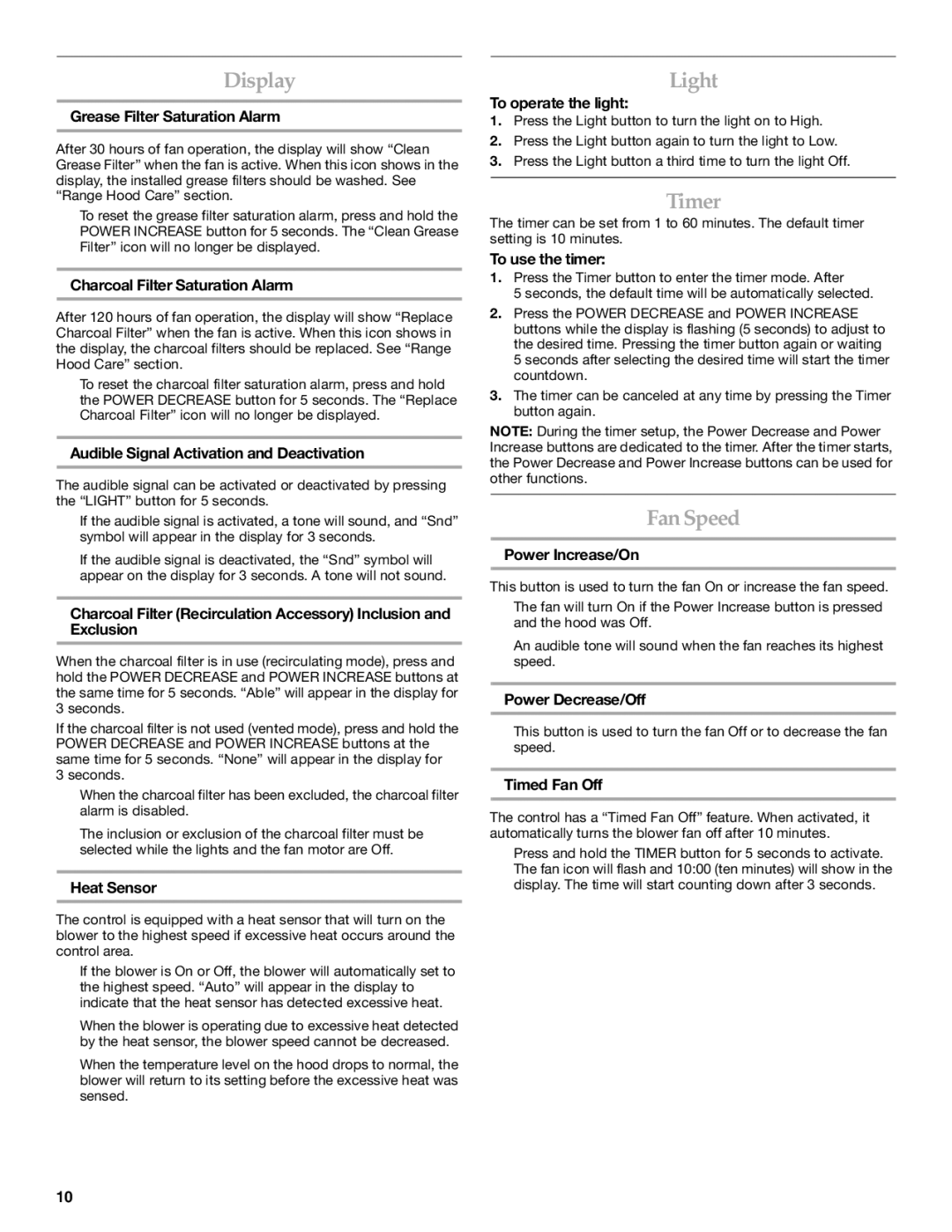 KitchenAid LI3ZFE/W10321799F installation instructions Display, Light, Timer, Fan Speed 