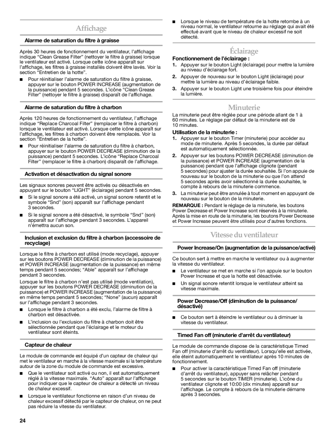 KitchenAid LI3ZFE/W10321799F installation instructions Affichage, Éclairage, Minuterie, Vitesse du ventilateur 