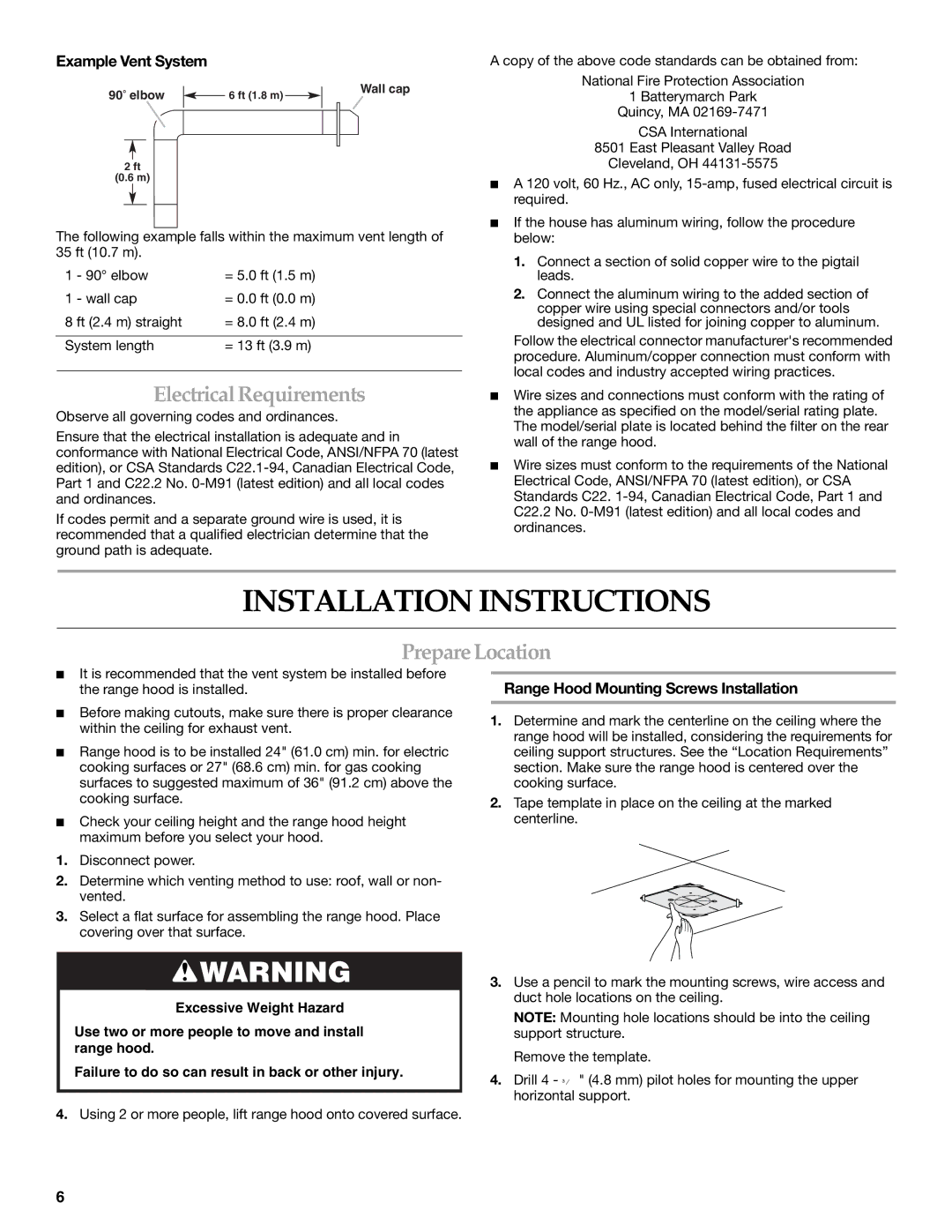 KitchenAid LI3ZFE/W10321799F Installation Instructions, Electrical Requirements, Prepare Location, Example Vent System 