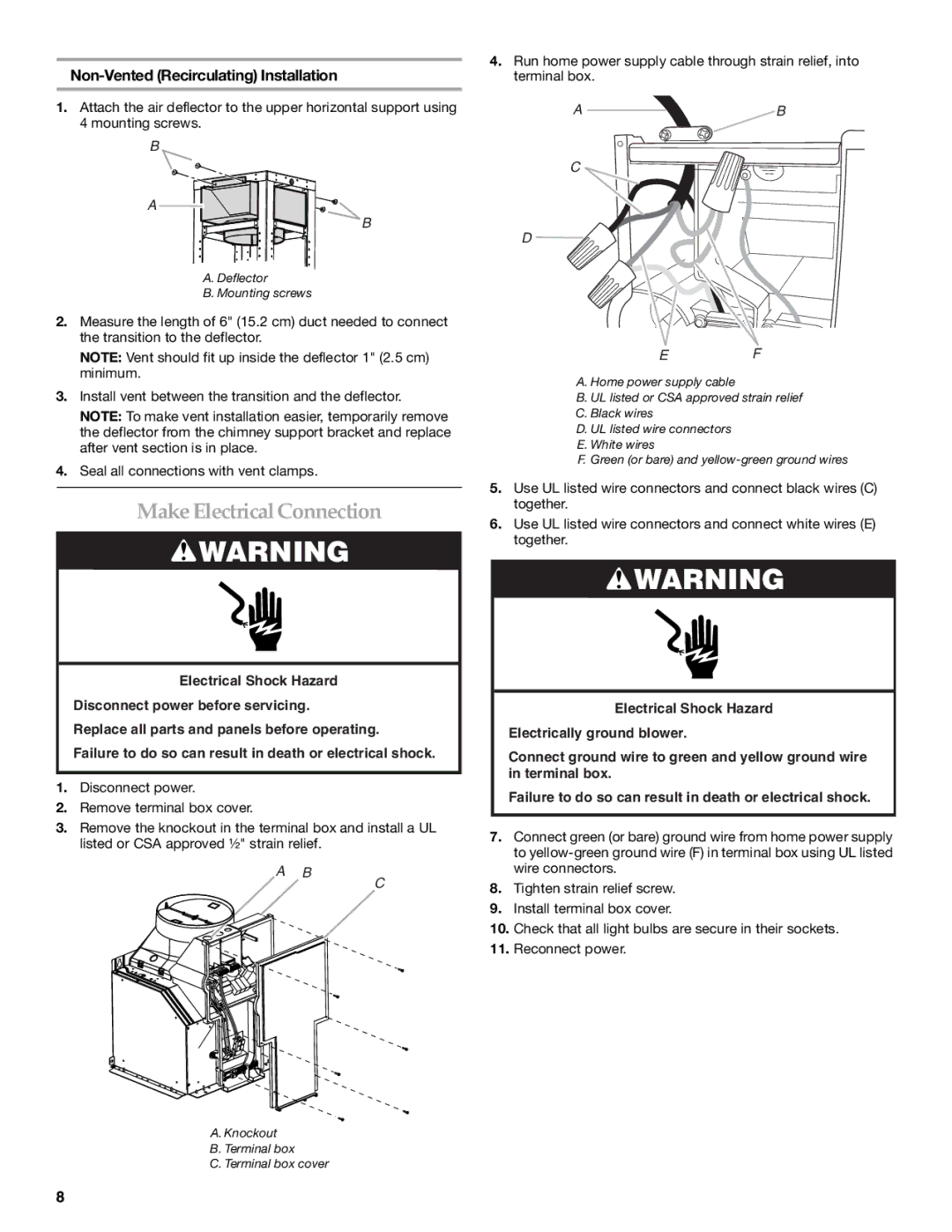 KitchenAid LI3ZFE/W10321799F installation instructions Make Electrical Connection, Non-Vented Recirculating Installation 