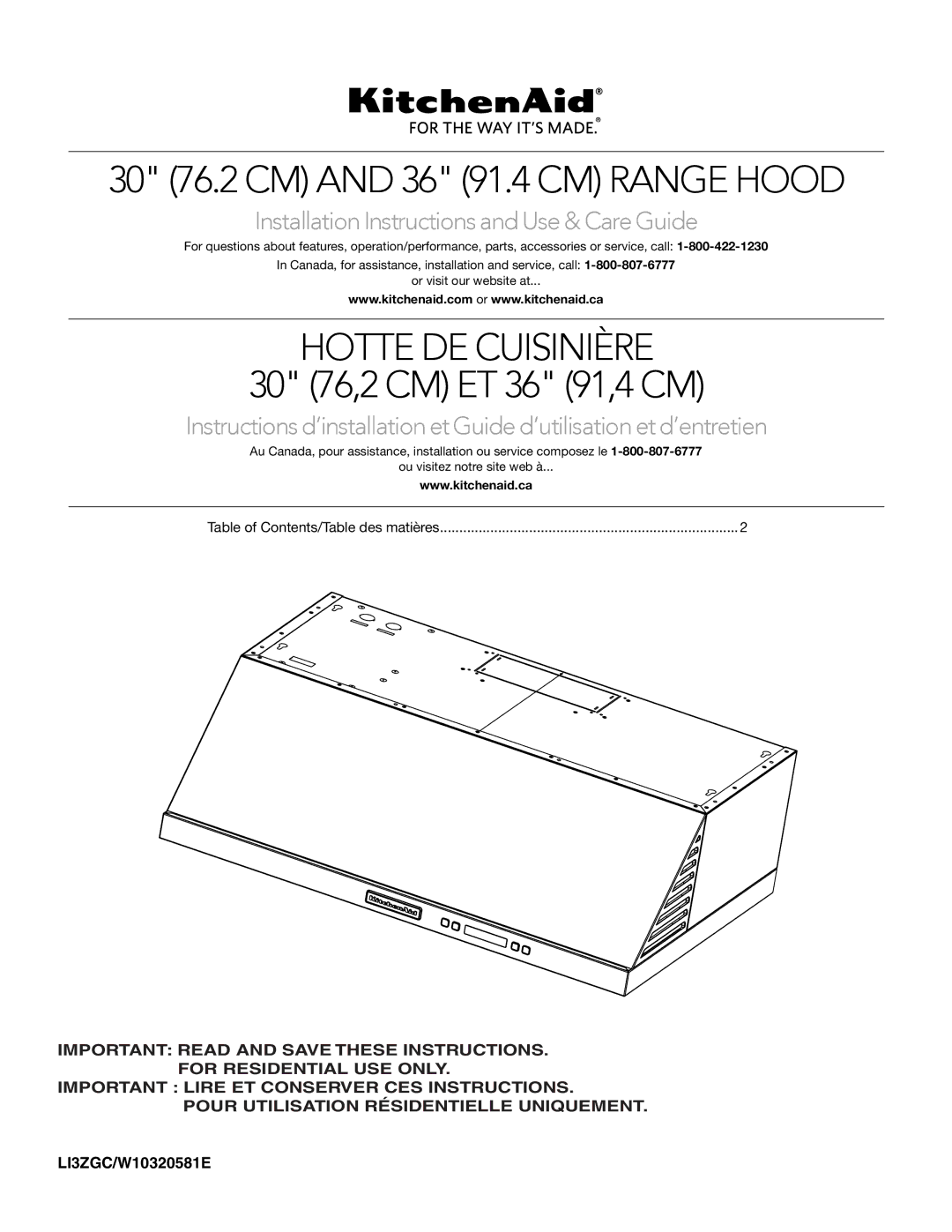 KitchenAid LI3ZGC/W10320581E installation instructions Hotte DE Cuisinière 