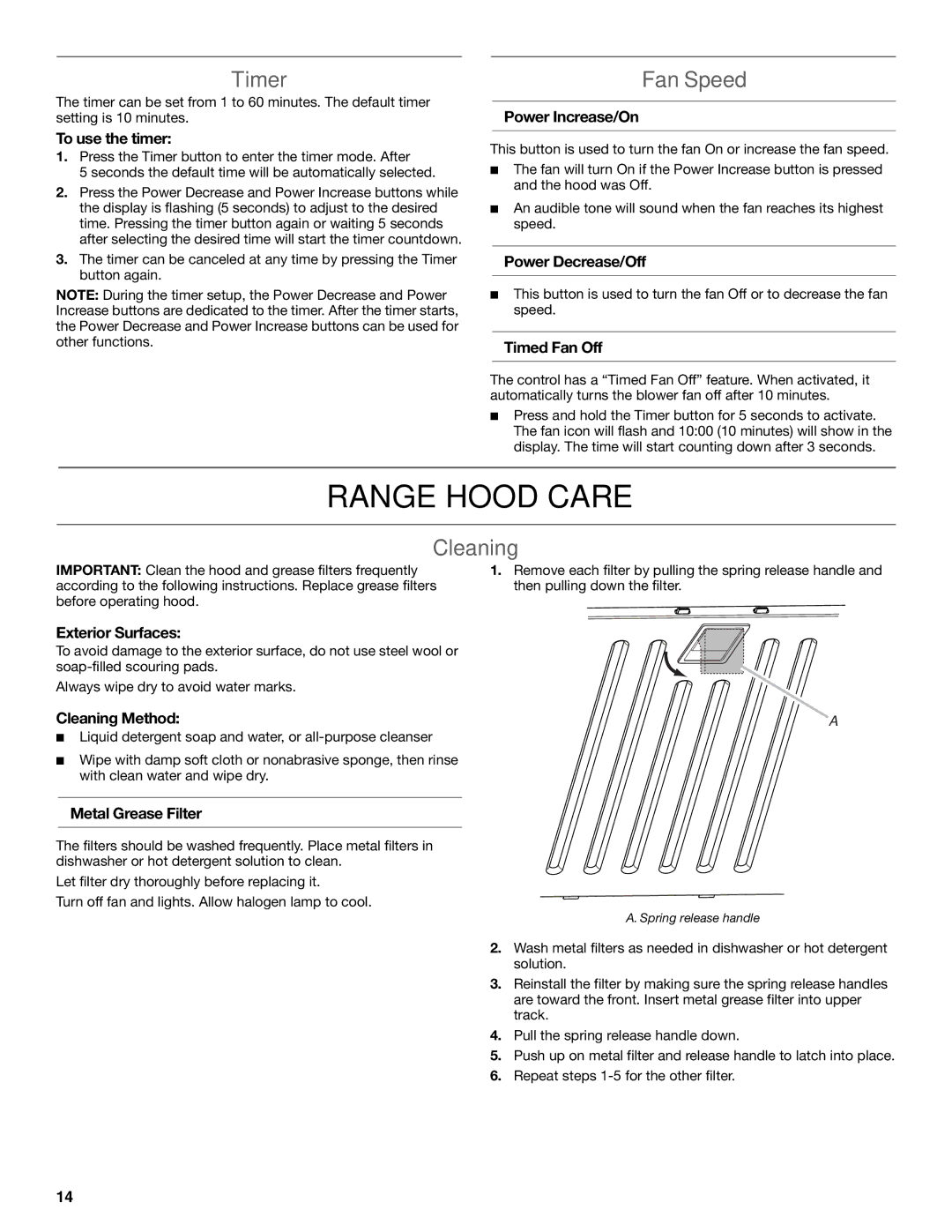 KitchenAid LI3ZGC/W10320581E installation instructions Range Hood Care, Timer, Cleaning 