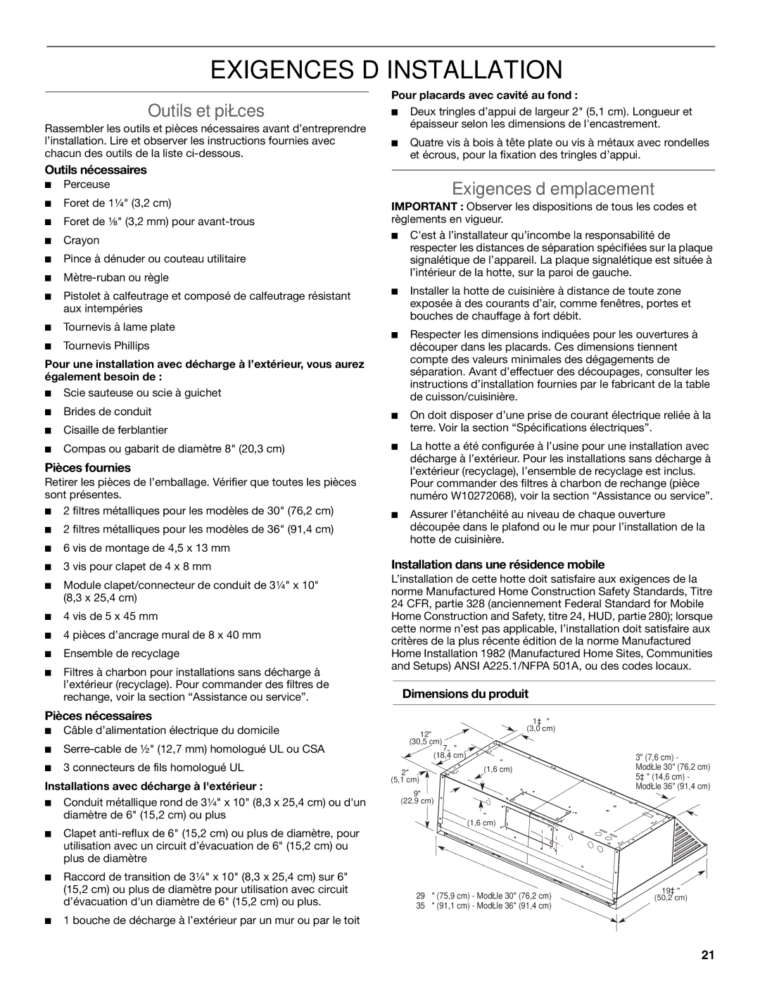 KitchenAid LI3ZGC/W10320581E installation instructions Exigences D’INSTALLATION, Outils et pièces, Exigences d’emplacement 