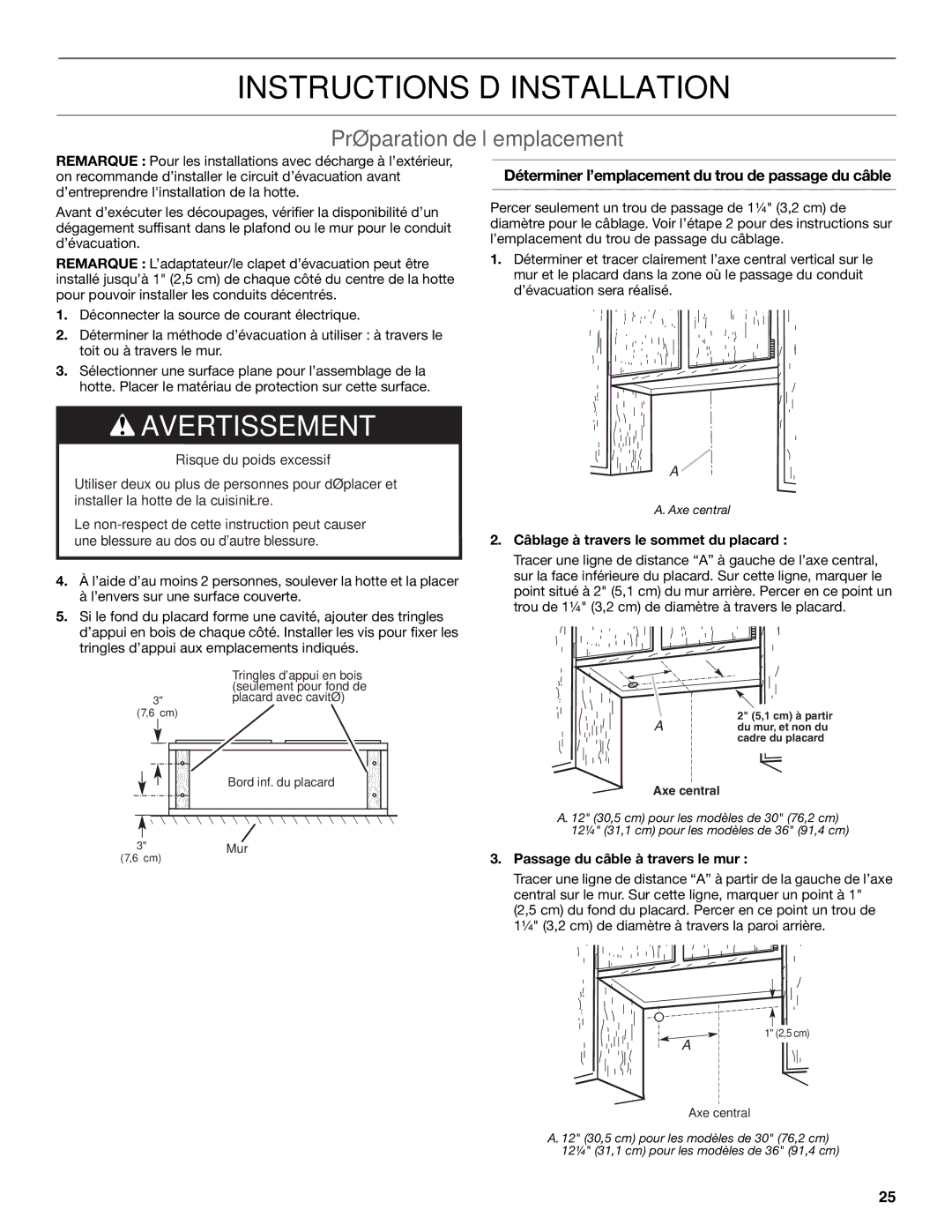 KitchenAid LI3ZGC/W10320581E Instructions D’INSTALLATION, Préparation de l’emplacement, Passage du câble à travers le mur 