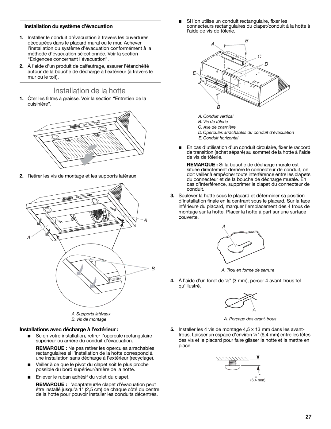 KitchenAid LI3ZGC/W10320581E installation instructions Installation de la hotte, Installation du système d’évacuation 