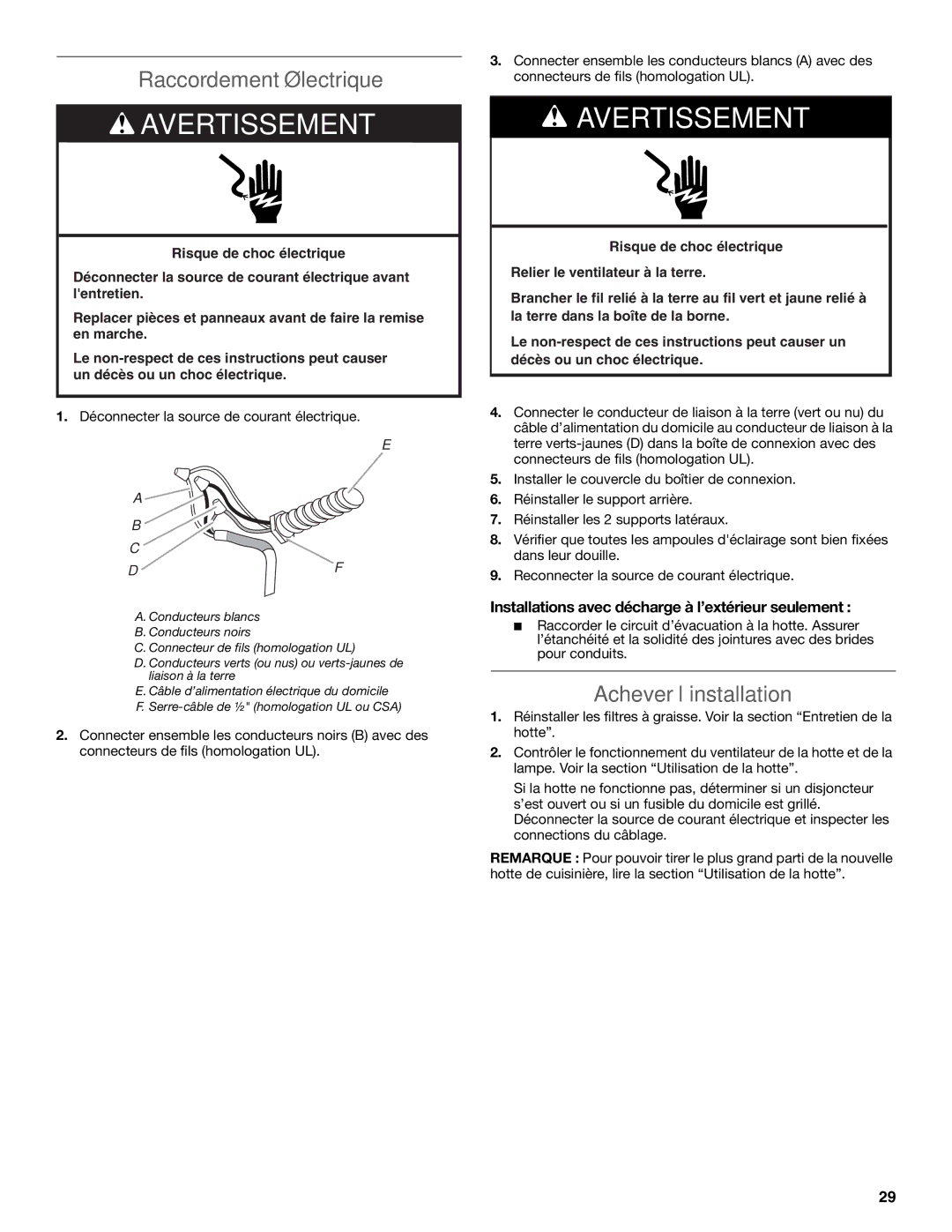 KitchenAid LI3ZGC/W10320581E installation instructions Raccordement électrique, Achever l’installation 