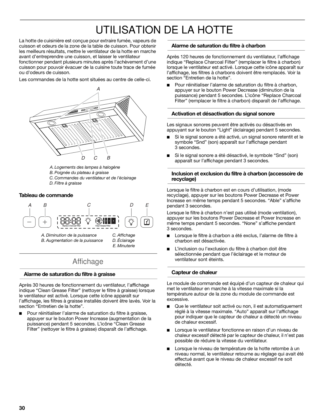 KitchenAid LI3ZGC/W10320581E Utilisation DE LA Hotte, Affichage, Tableau de commande, Capteur de chaleur 