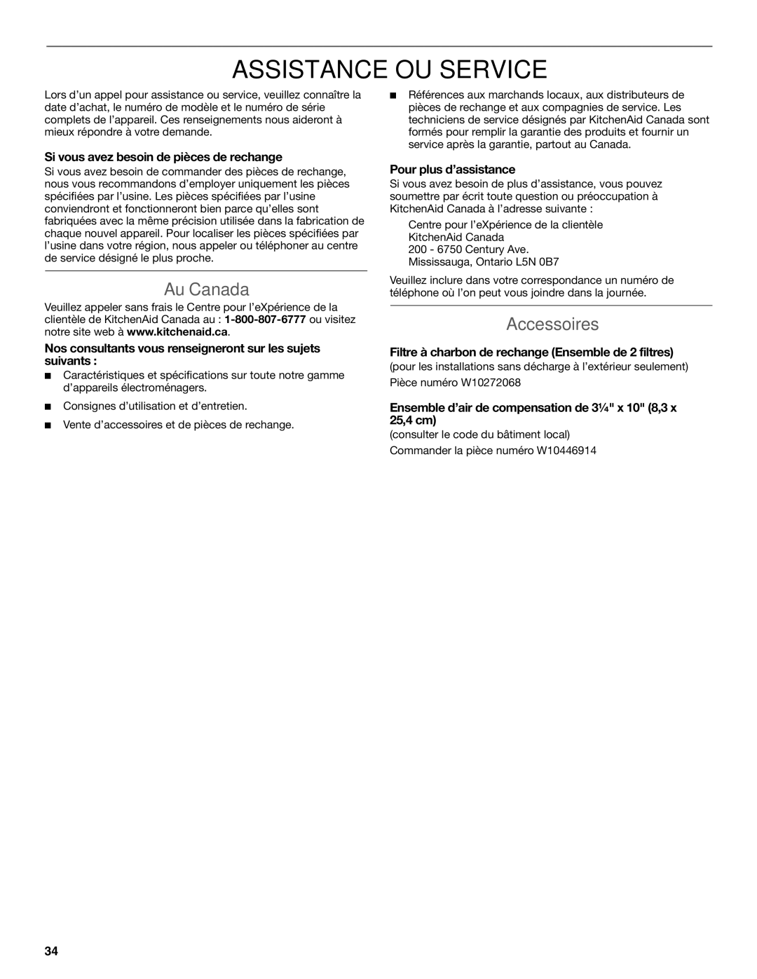 KitchenAid LI3ZGC/W10320581E installation instructions Assistance OU Service, Au Canada, Accessoires 