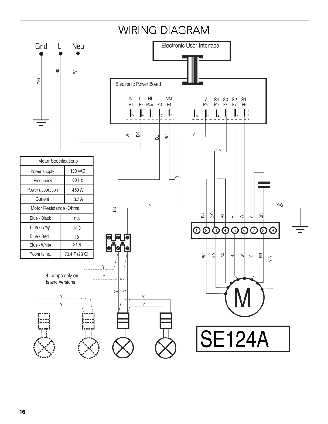 KitchenAid LI3ZGC/W10320581E SE124A, Wiring Diagram, Gnd L Neu, Electronic User Interface, Motor Specifications 