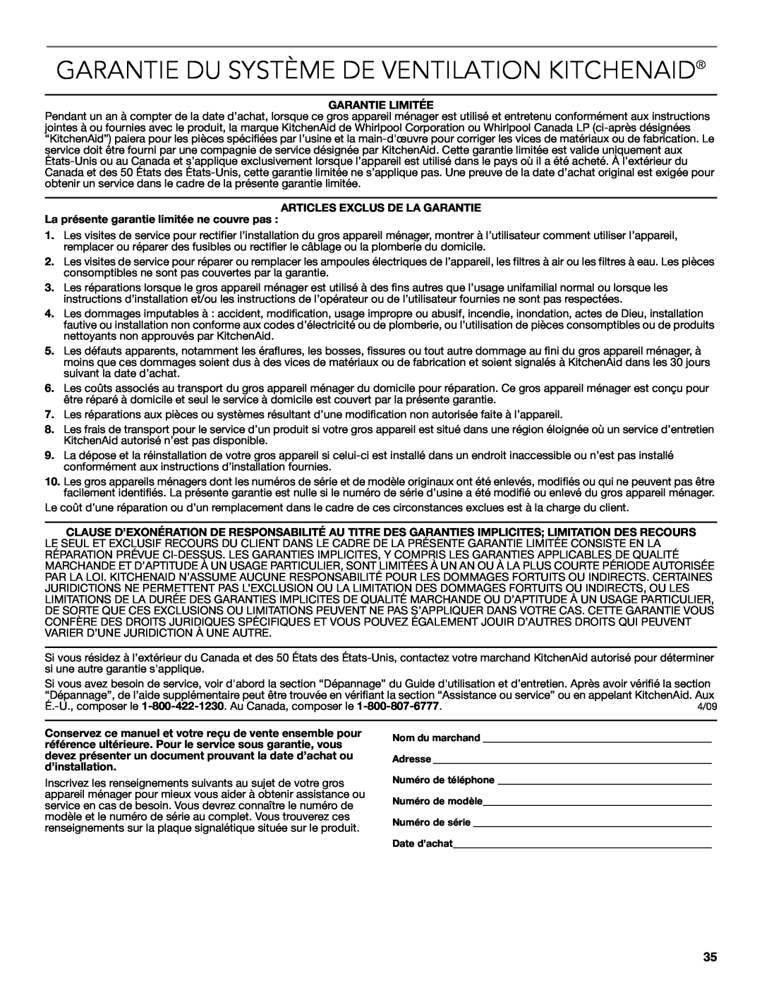 KitchenAid LI3ZGC/W10320581E installation instructions Garantie Du Système De Ventilation Kitchenaid, Garantie Limitée 