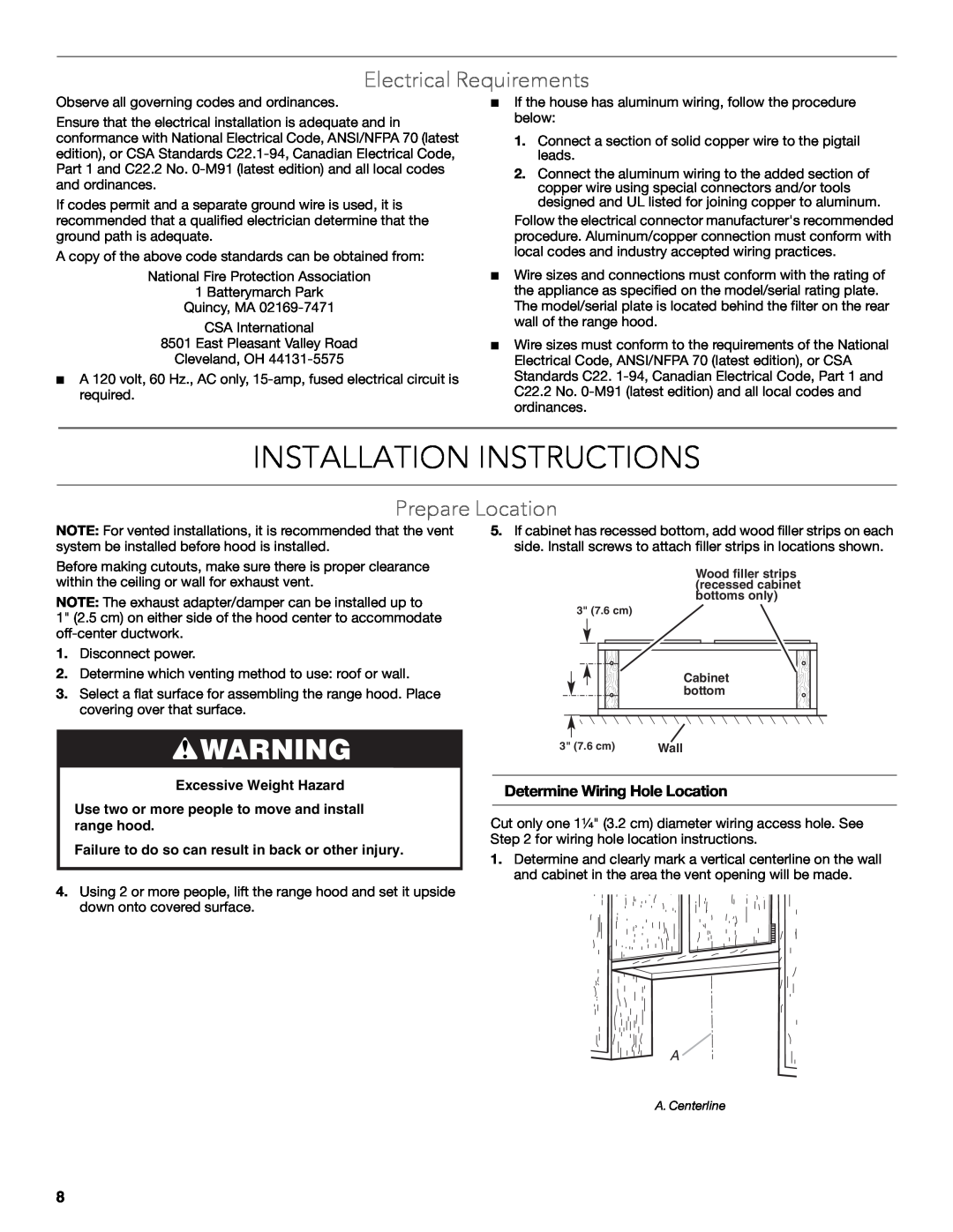 KitchenAid LI3ZGC/W10320581E Installation Instructions, Electrical Requirements, Prepare Location, Excessive Weight Hazard 