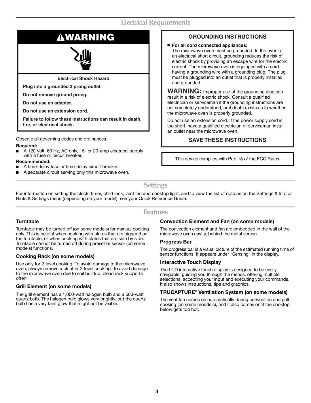 KitchenAid Microwave Hood Combination important safety instructions Electrical Requirements, Settings, Features 