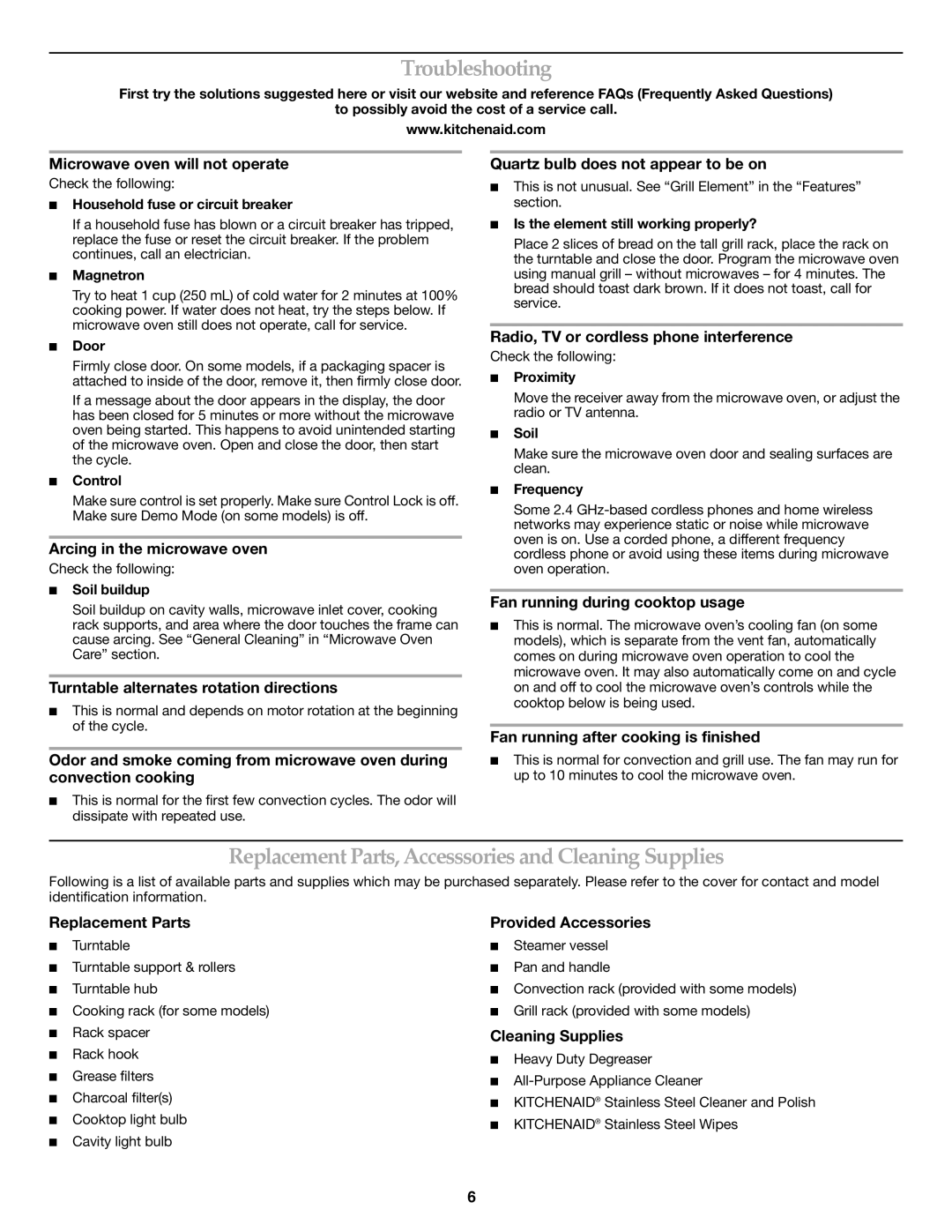 KitchenAid Microwave Hood Combination Troubleshooting, Replacement Parts, Accesssories and Cleaning Supplies 