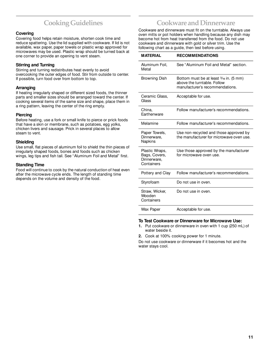 KitchenAid MICROWAVE HOOD manual Cooking Guidelines, Cookware and Dinnerware 