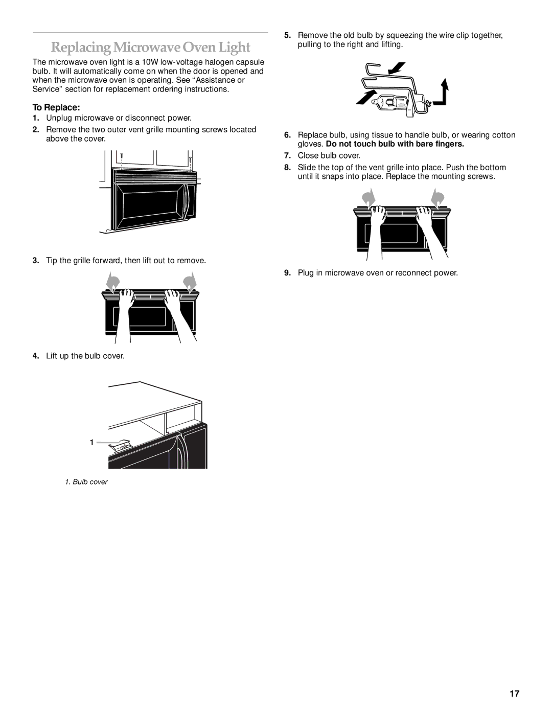 KitchenAid MICROWAVE HOOD manual Replacing Microwave Oven Light 