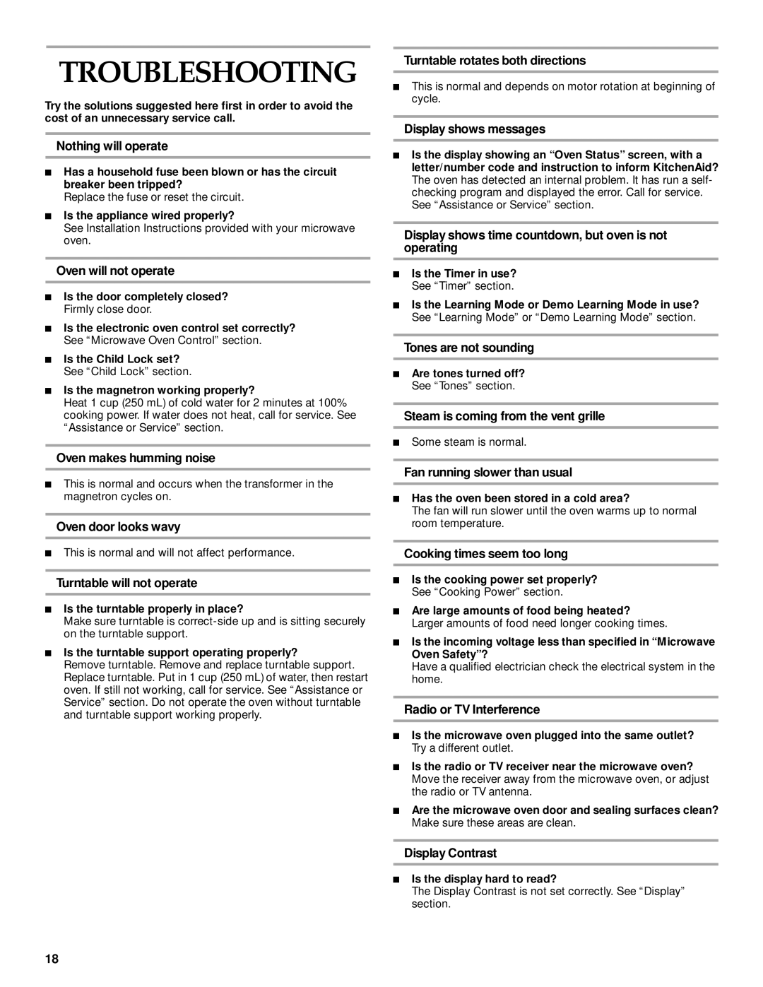 KitchenAid MICROWAVE HOOD manual Troubleshooting 