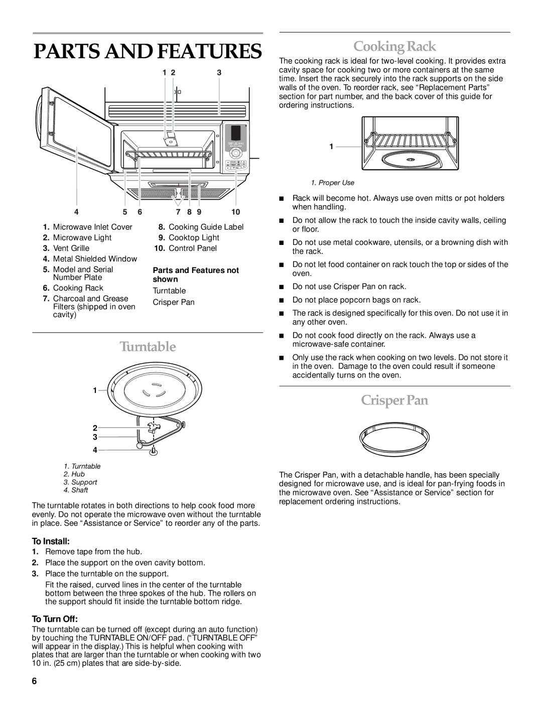 KitchenAid MICROWAVE HOOD manual Parts and Features, Cooking Rack, Turntable, Crisper Pan 