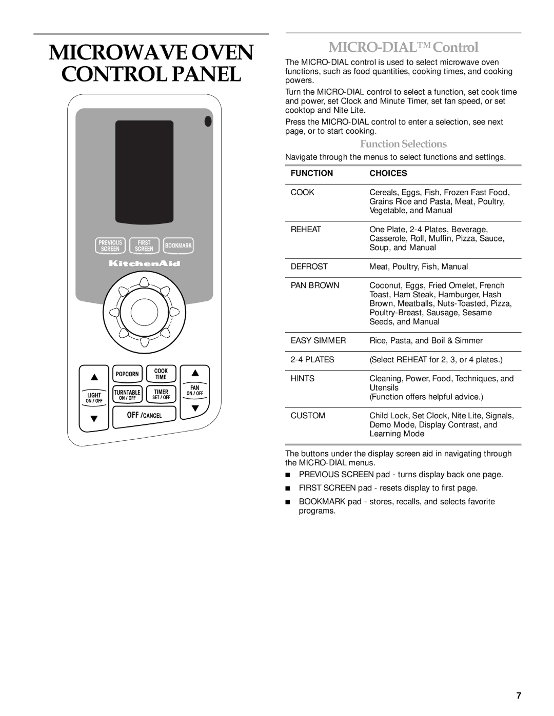 KitchenAid MICROWAVE HOOD manual Microwave Oven Control Panel, MICRO-DIALControl, Function Choices 