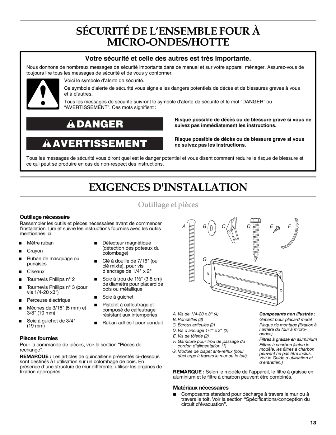 KitchenAid Microwave Oven Sécurité DE L’ENSEMBLE Four À MICRO­ONDES/HOTTE, Exigences Dinstallation, Outillage et pièces 