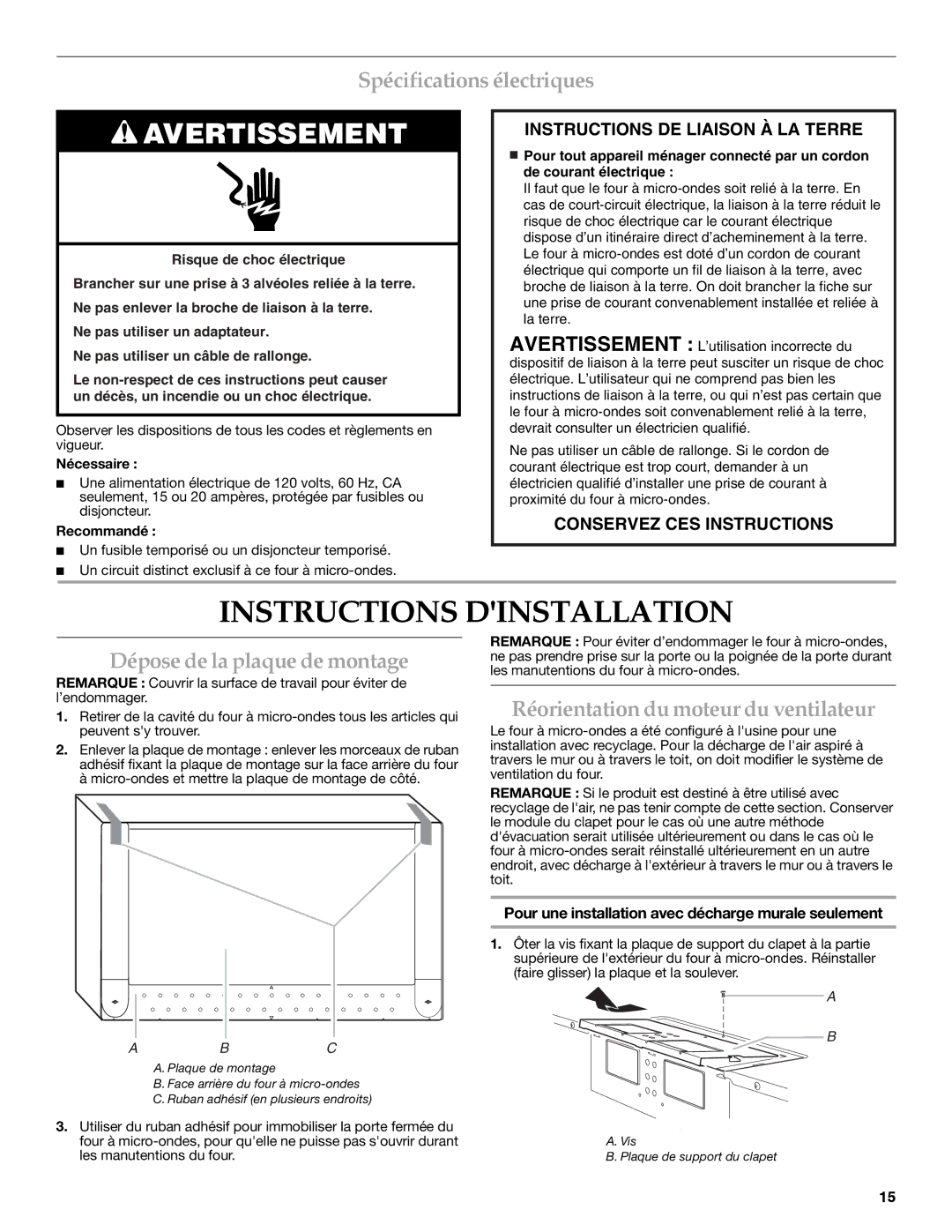 KitchenAid Microwave Oven Instructions Dinstallation, Spécifications électriques, Dépose de la plaque de montage 