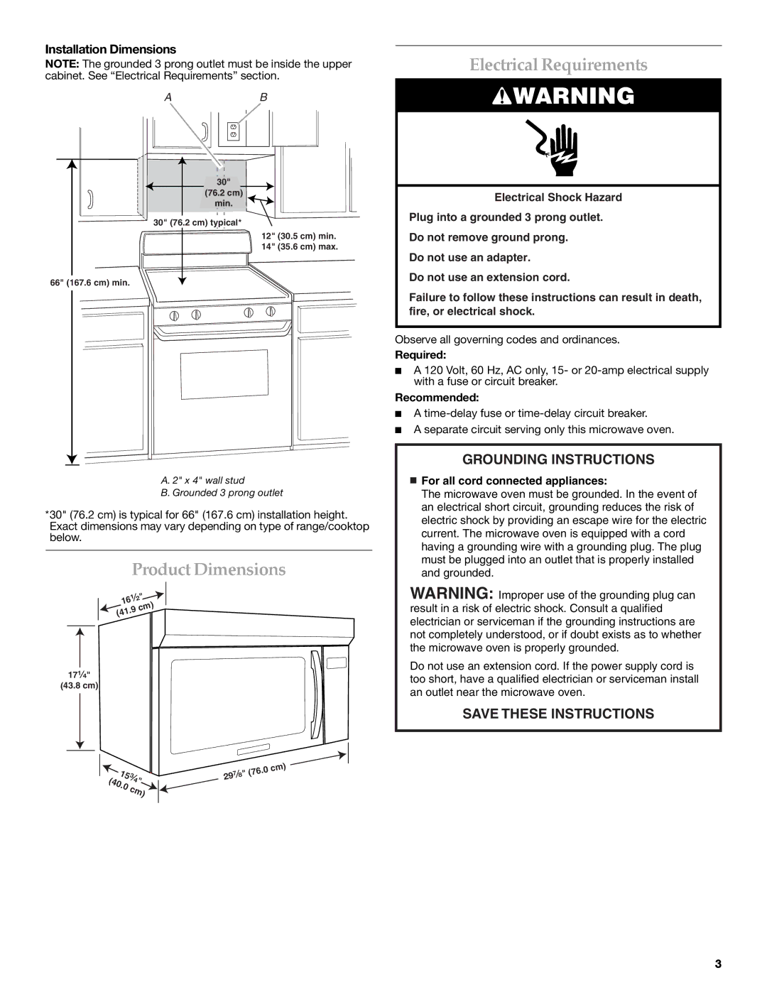 KitchenAid Microwave Oven Product Dimensions, Electrical Requirements, Installation Dimensions, Required, Recommended 