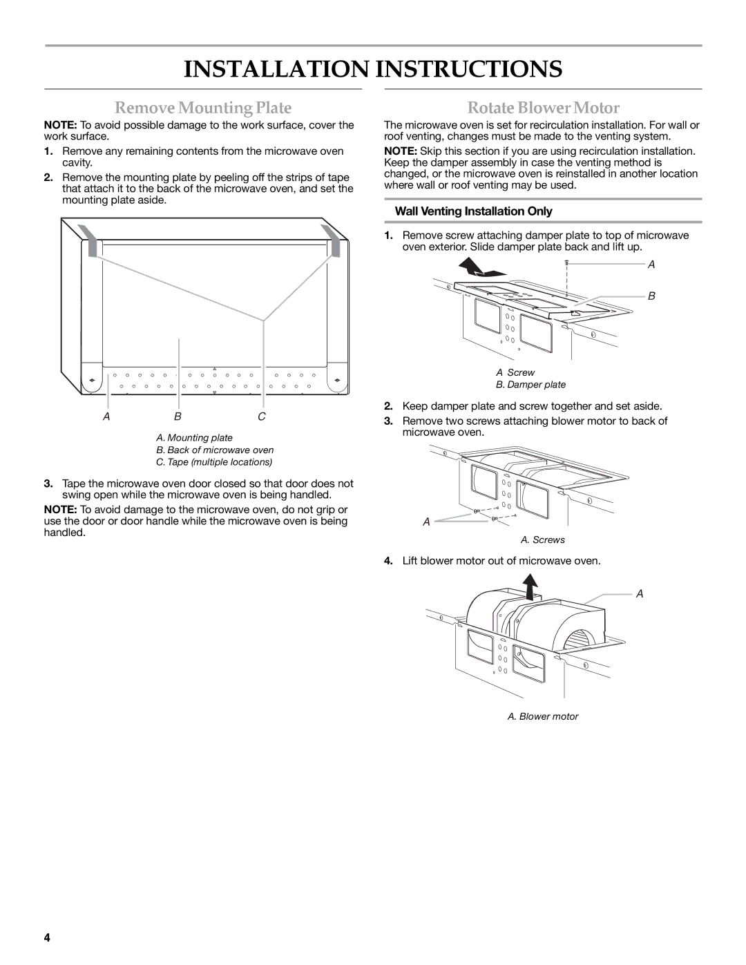 KitchenAid Microwave Oven Installation Instructions, Remove Mounting Plate, Rotate Blower Motor, Abc 